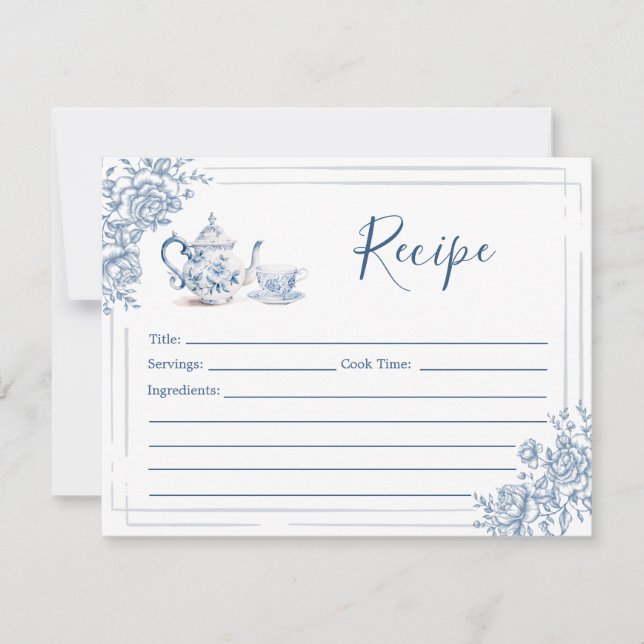 Blue Victorian Garden Bridal Shower Tea Recipe Invitation (Front)