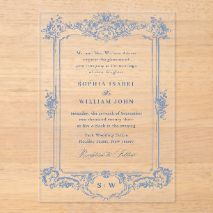 Blue Victorian Ornate Grace Floral Frame Wedding Acrylic Invitations