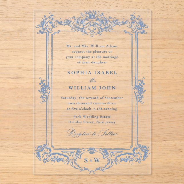 Blue Victorian Ornate Grace Floral Frame Wedding Acrylic Invitations (Front)