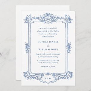 Blue Victorian Ornate Grace Floral Frame Wedding Invitation