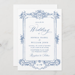 Blue Victorian Ornate Grace Floral Frame Wedding Invitation