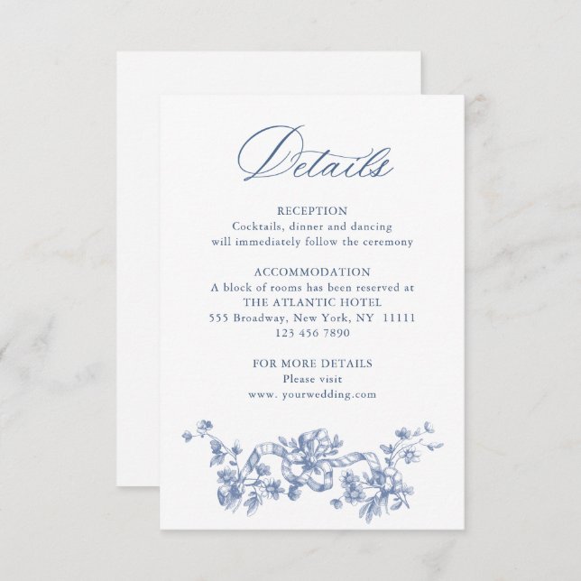 Blue Victorian Ornate Grace Floral Wedding Details Enclosure Card (Front/Back)