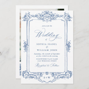 Blue Victorian Ornate Grace Floral Wedding QR code Invitation