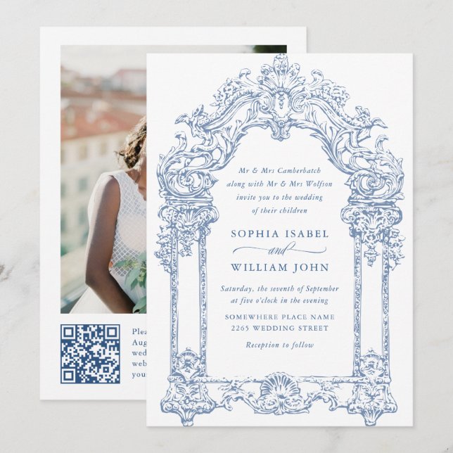 Blue Victorian Ornate Grace Floral Wedding QR code Invitation (Front/Back)