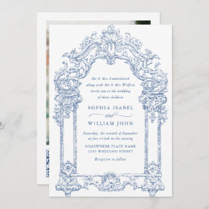 Blue Victorian Ornate Grace Floral Wedding QR code Invitation