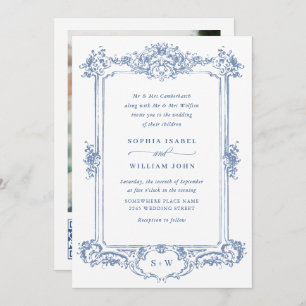 Blue Victorian Ornate Grace Floral Wedding QR code Invitation