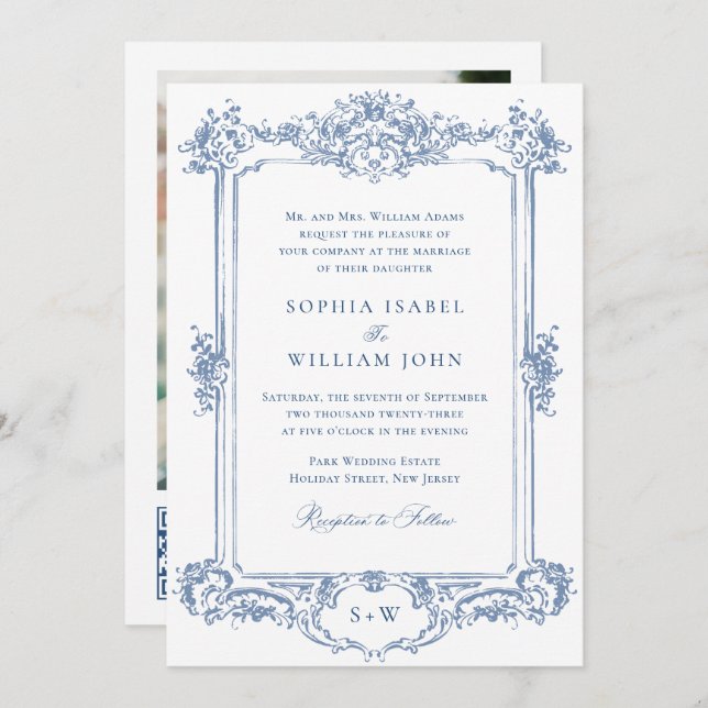 Blue Victorian Ornate Grace Floral Wedding QR code Invitation (Front/Back)