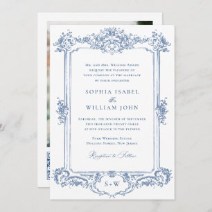 Blue Victorian Ornate Grace Floral Wedding QR code Invitation