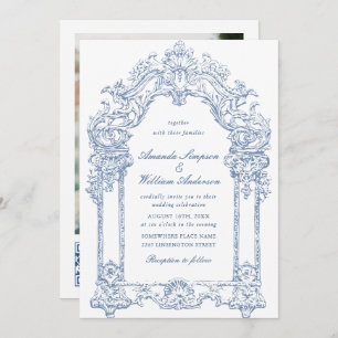 Blue Victorian Ornate Grace Floral Wedding QR code Invitation