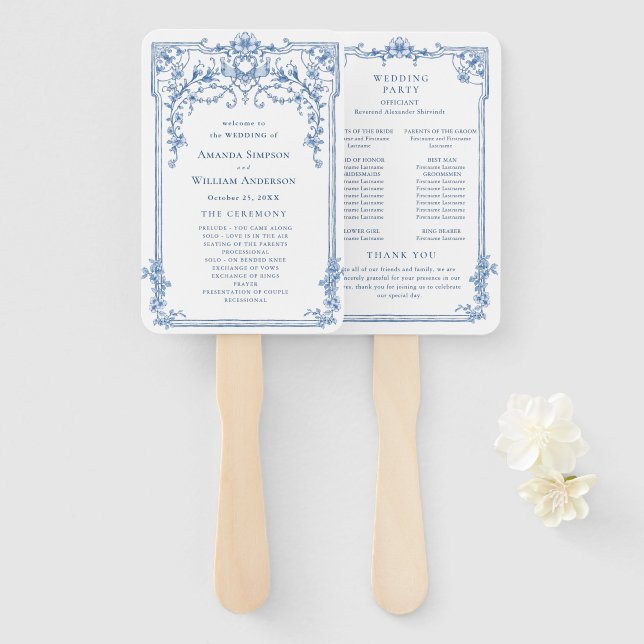 Blue Victorian Ornate Wedding Ceremony Program Hand Fan (Front and Back)