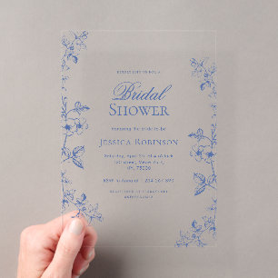 Blue Victorian Vintage Drawn Floral Bridal Shower Acrylic Invitations