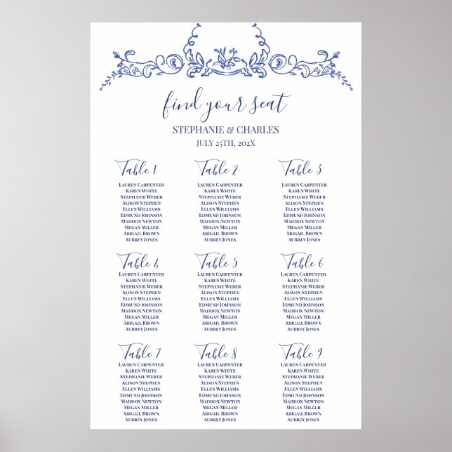 Blue Victorian Wedding Seating Chart (Front)