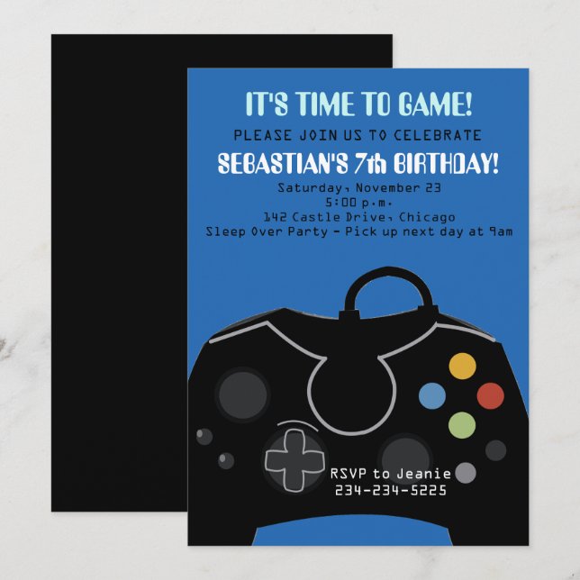 Blue Video Game Boys Invitation Anniversaire (Devant / Derrière)