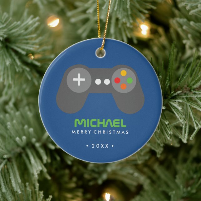 Blue Video Game Controller Kids Christmas Ceramic Ornament (Tree)
