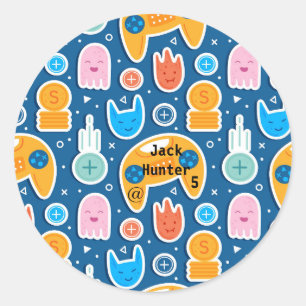Blue Video Game Pattern Personalized Birthday  Classic Round Sticker