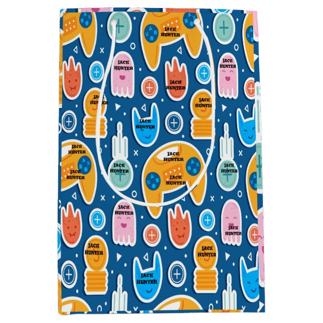 Blue Video Game Pattern Personalized Birthday  Medium Gift Bag (Front)