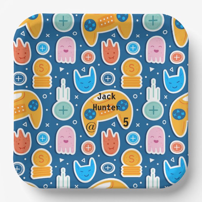 Blue Video Game Pattern Personalized Birthday  Paper Plate (Front)