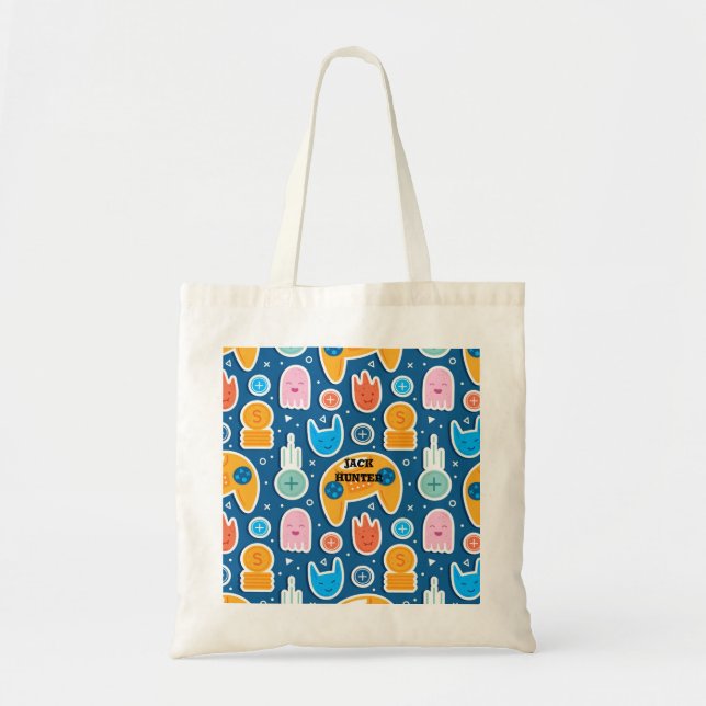 Blue Video Game Pattern Personalized Tote Bag (Front)