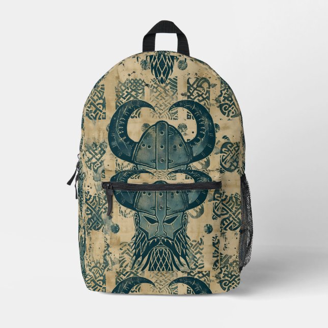 Blue Viking Head Printed Backpack (Front)