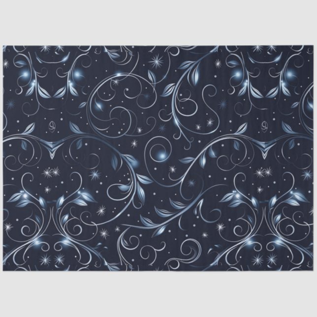 Blue Vines Leaves Stars Christmas Tissue Paper (Front)