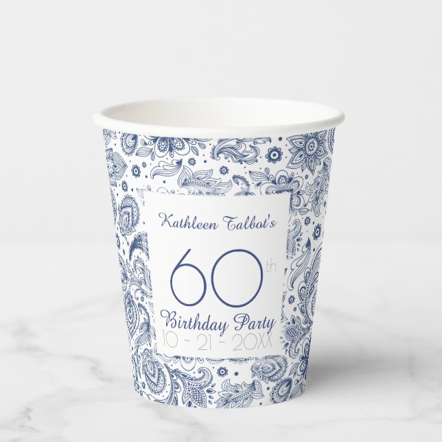Blue Vintage 60th Birthday Party Paper Cup (Front)