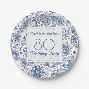 Blue Vintage 80th Birthday Party Paper Plate