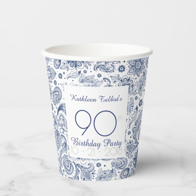 Blue Vintage 90th Birthday Party Paper Cup (Front)