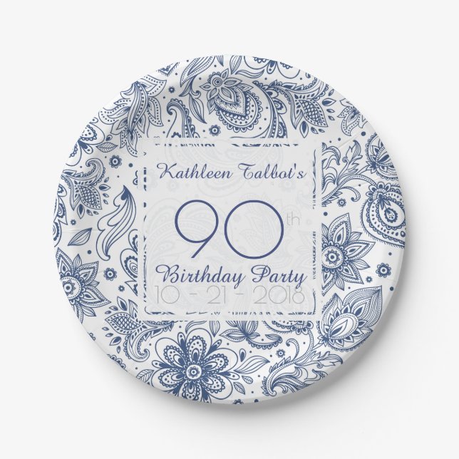 Blue Vintage 90th Birthday Party Paper Plate (Front)