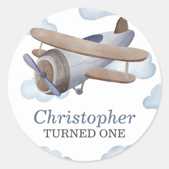 Blue Vintage Airplane Birthday Party Classic Round Sticker (Front)