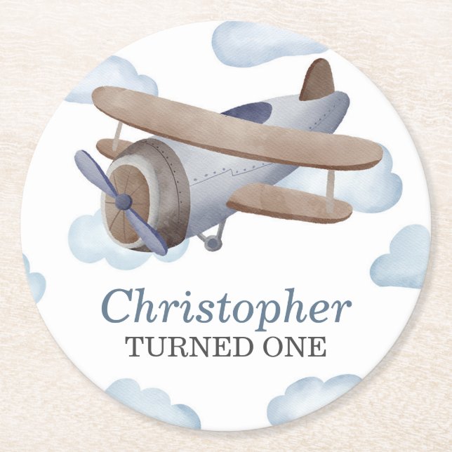 Blue Vintage Airplane Birthday Party Round Paper Coaster (Front)