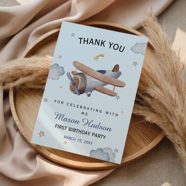 Blue Vintage Airplane First Birthday Thank You Card (Creator Uploaded)