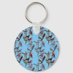 Blue Vintage Art Birds pattern accessories LeahG Keychain