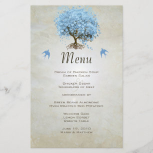 Blue Vintage Bird Heart Leaf Tree Menu Mariage
