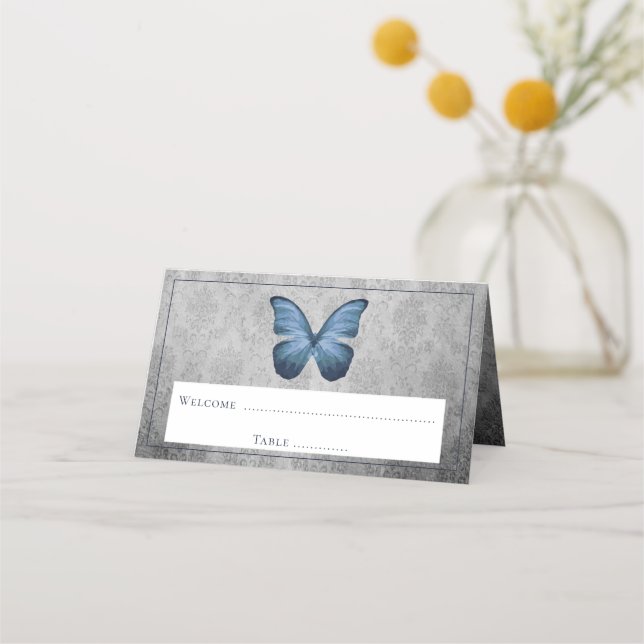 Blue Vintage Butterfly Damask Reception Place Card (Front)