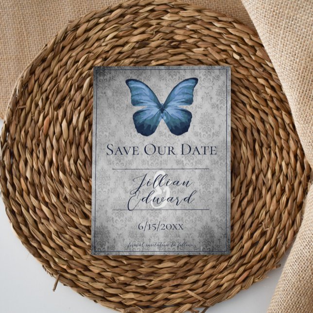 Blue Vintage Butterfly Damask Save the Date Announcement (Blue Vintage Butterfly Damask Save the Date)