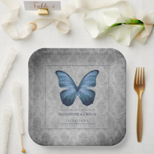 Blue Vintage Butterfly Damask Wedding Paper Plate