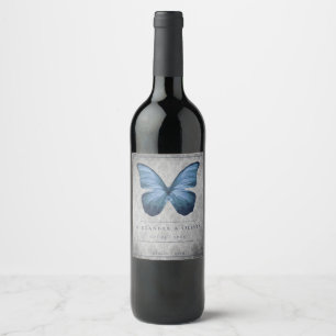 Blue Vintage Butterfly Damask Wedding Wine Label