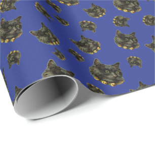 Blue Vintage Cat with Bells Wrapping Paper