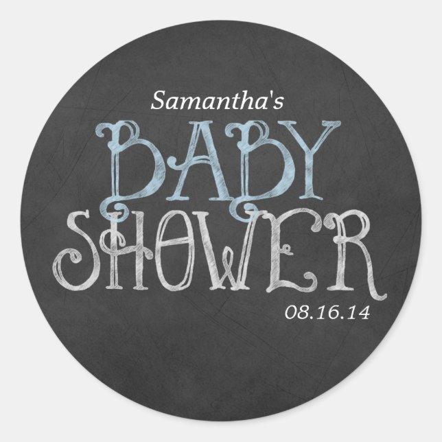 Blue Vintage Chalkboard Baby Shower Classic Round Sticker (Front)