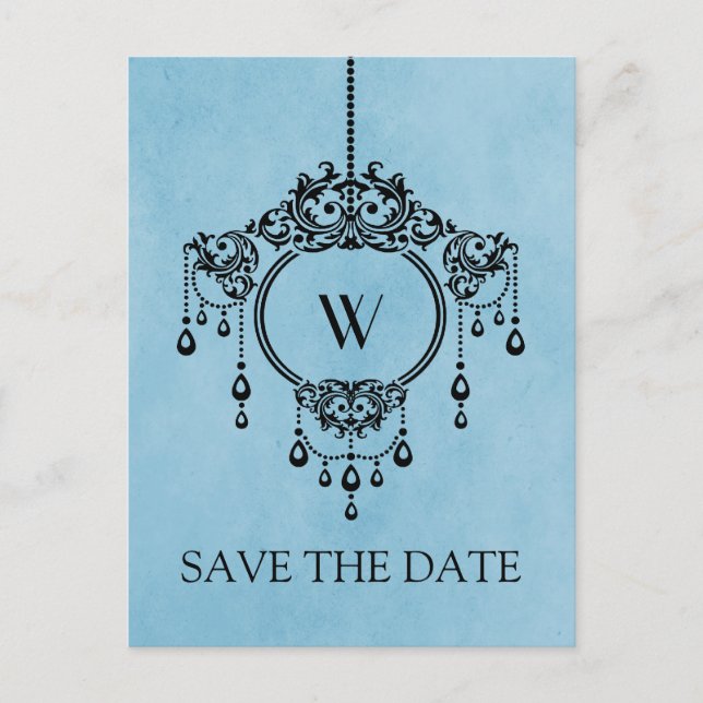 Blue Vintage Chandelier Save the Date Postcard (Front)