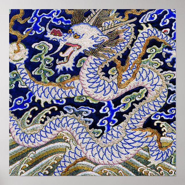 blue vintage Chinese tattoo Embroidery dragon Poster (Front)