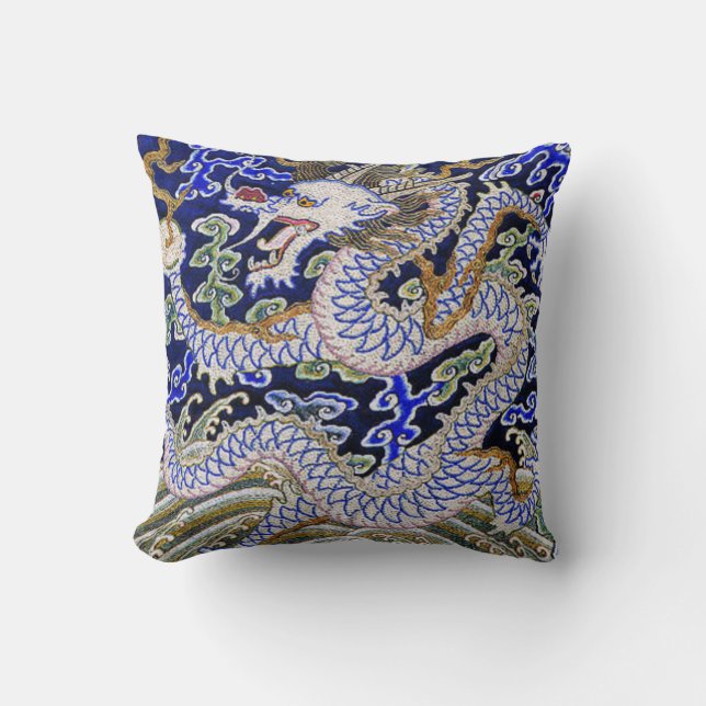 blue vintage Chinese tattoo Embroidery dragon Throw Pillow (Front)