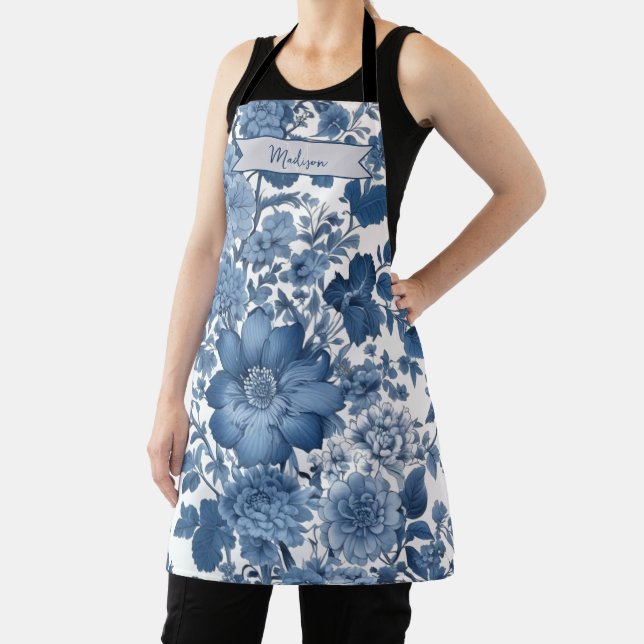 Blue Vintage Chinoiserie Floral Personalized Apron (Insitu)