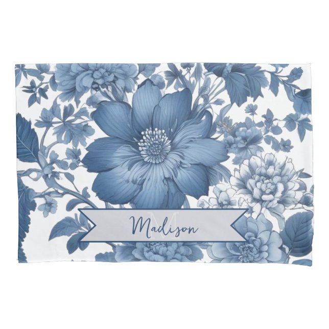 Blue Vintage Chinoiserie Floral Personalized Pillowcase (Front)