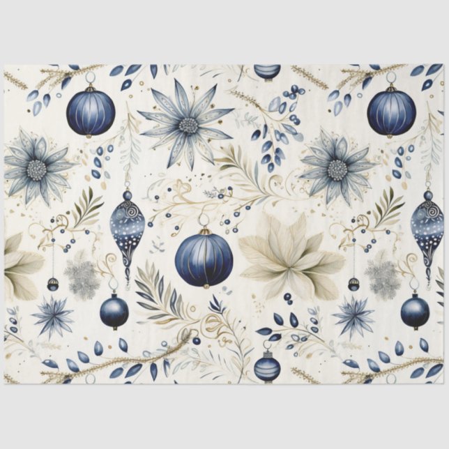Blue Vintage Christmas Floral Decoupage  Tissue Paper (Front)