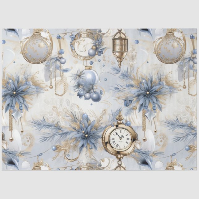 Blue Vintage Christmas Floral Decoupage  Tissue Paper (Front)