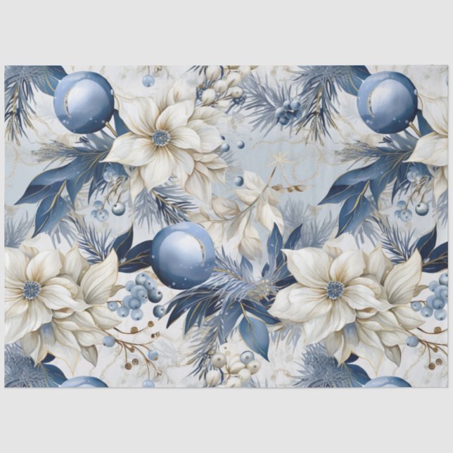 Blue Vintage Christmas Floral Decoupage  Tissue Paper (Front)