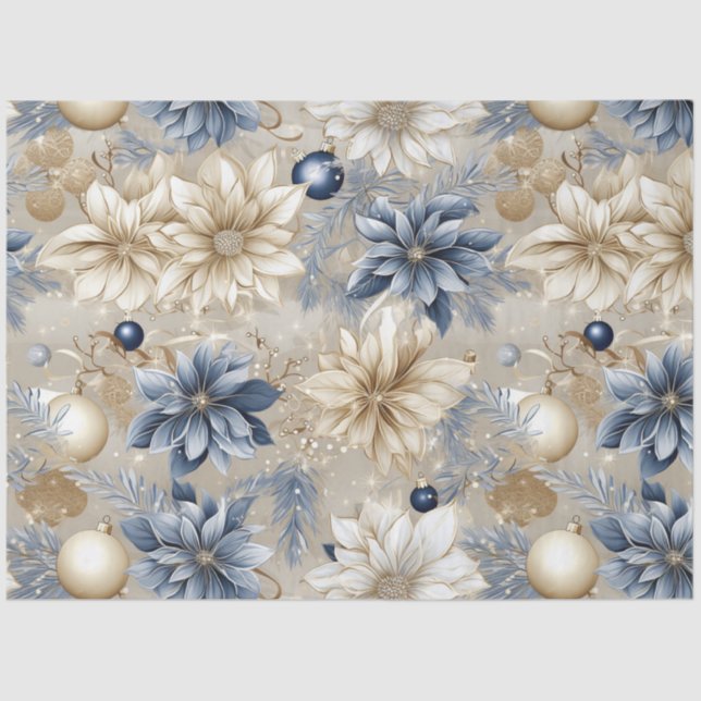 Blue Vintage Christmas Floral Decoupage  Tissue Paper (Front)