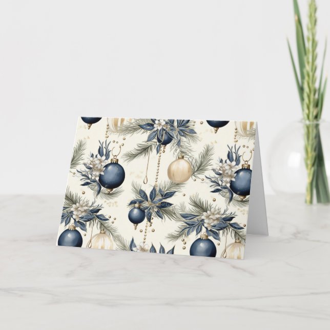 Blue Vintage Christmas Florals Holiday Card (Front)
