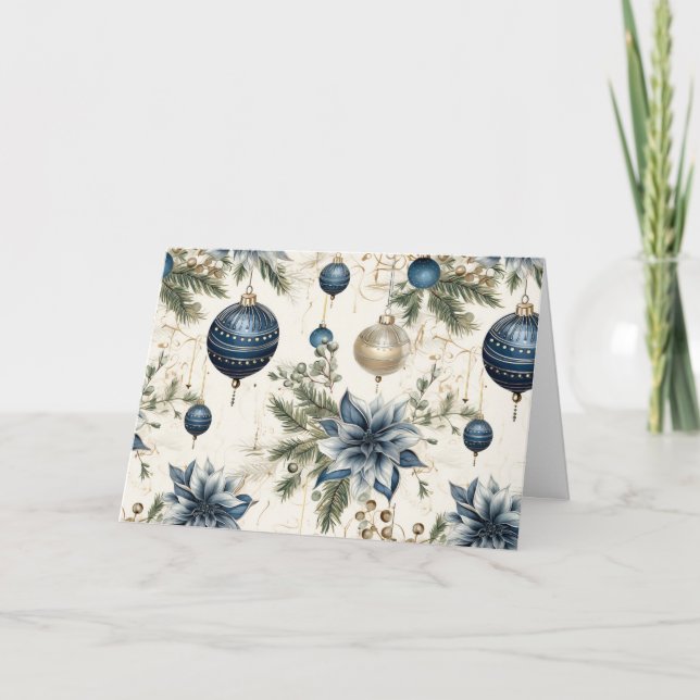 Blue Vintage Christmas Florals Holiday Card (Front)